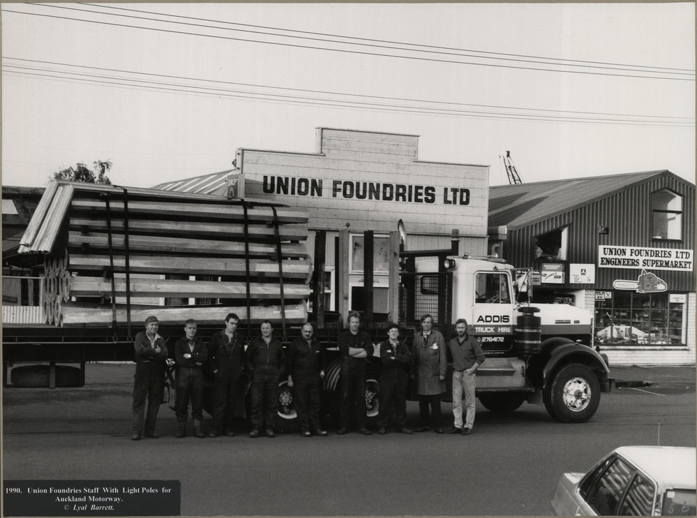 Union Foundries staff with light poles for Auckland Motorway, 1990 