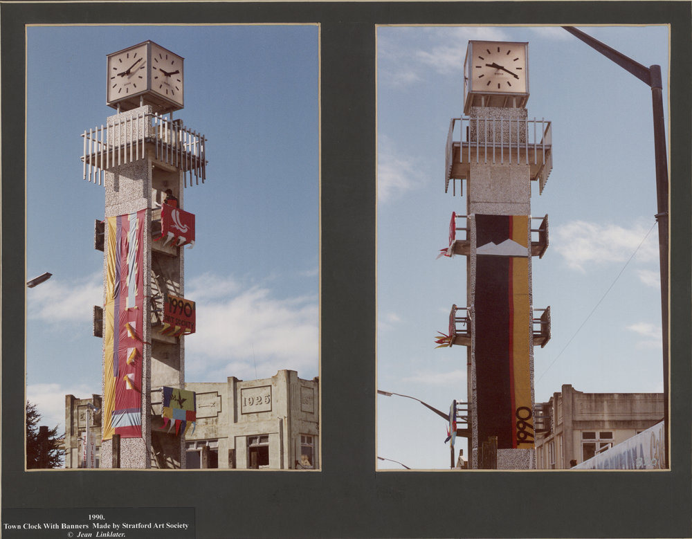 Town Clock with banners made by Stratford Art Society, 1990 