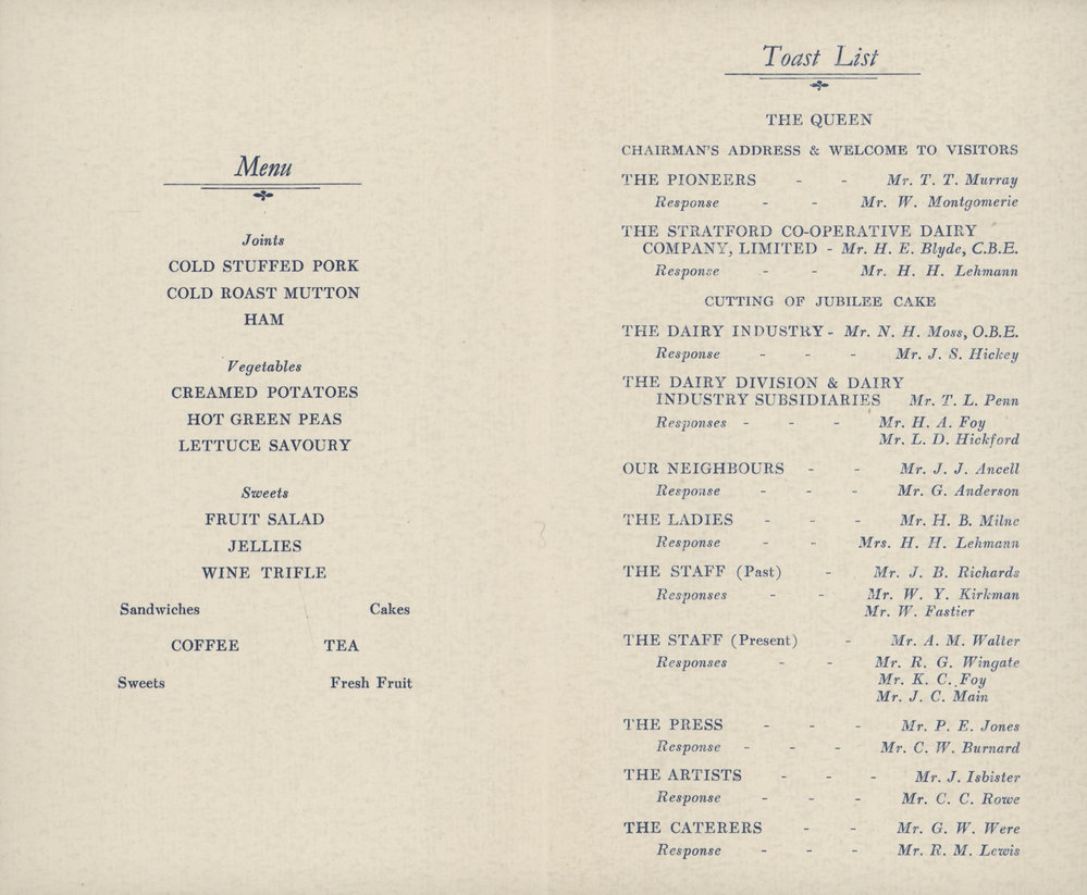 Stratford Co-operative Dairy Company Diamond Jubilee Dinner