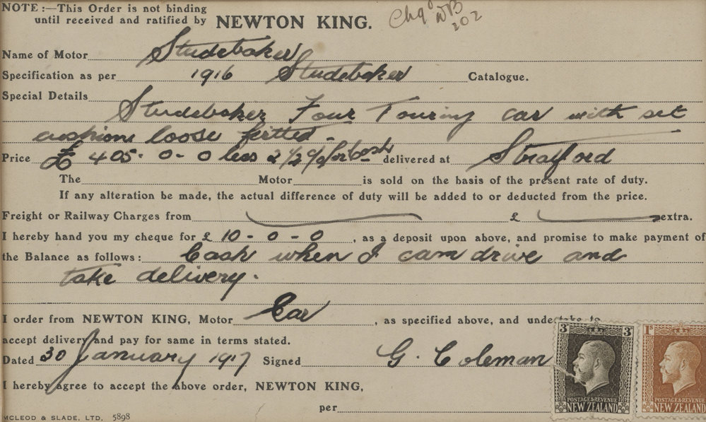 Newton King certificate of car sale