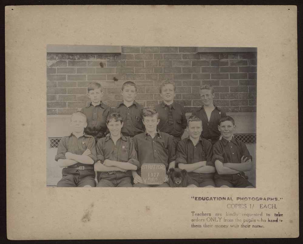 Stratford V Prefects and Leaders. Nine older boys and dog.