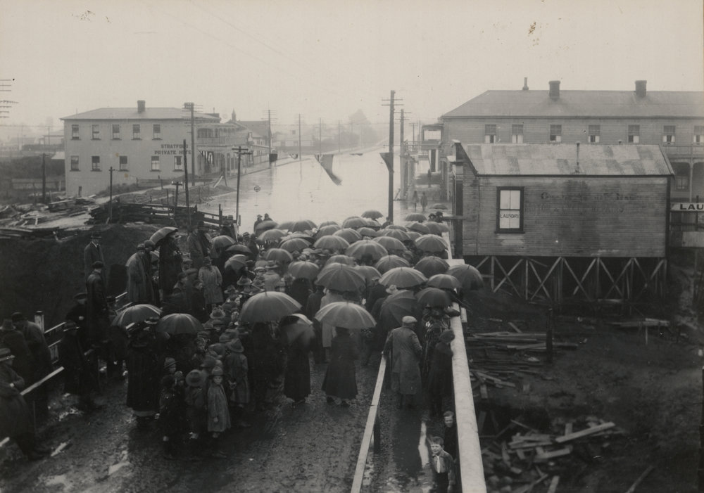 Laying the foundation stone of the Patea bridge on Broadway 