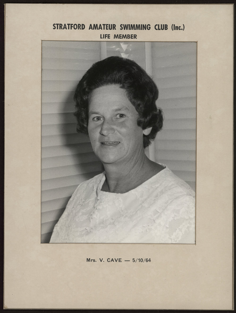 Stratford Amateur Swimming Club Life Member Mrs. V. Cave 