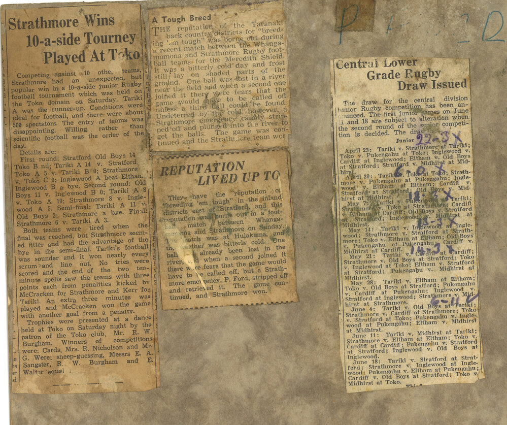 Newspaper clippings on back of Strathmore Football Club 1936