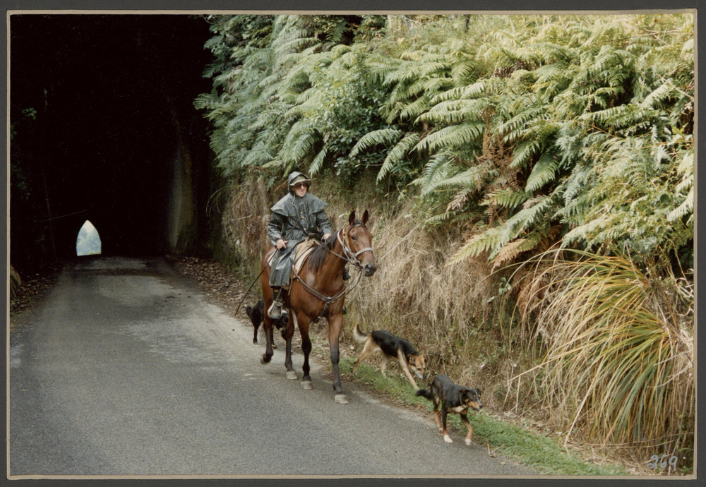 Eddie Hasler and dogs, Matau tunnel. 